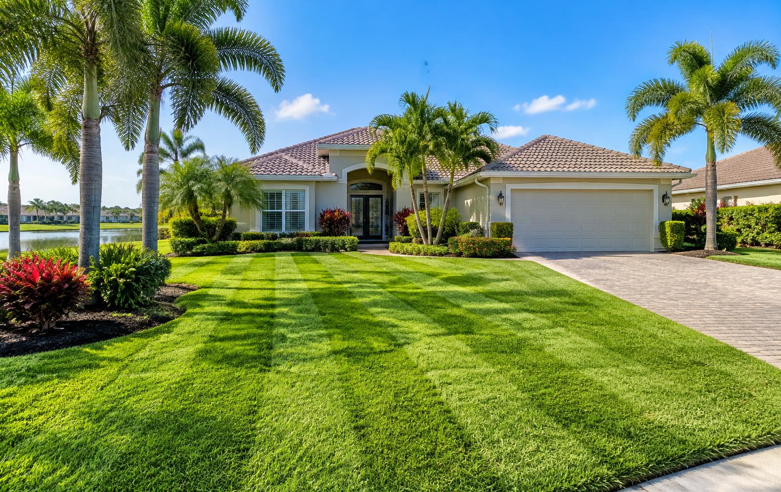 Freshly striped green lawn with palm trees in Pinellas County